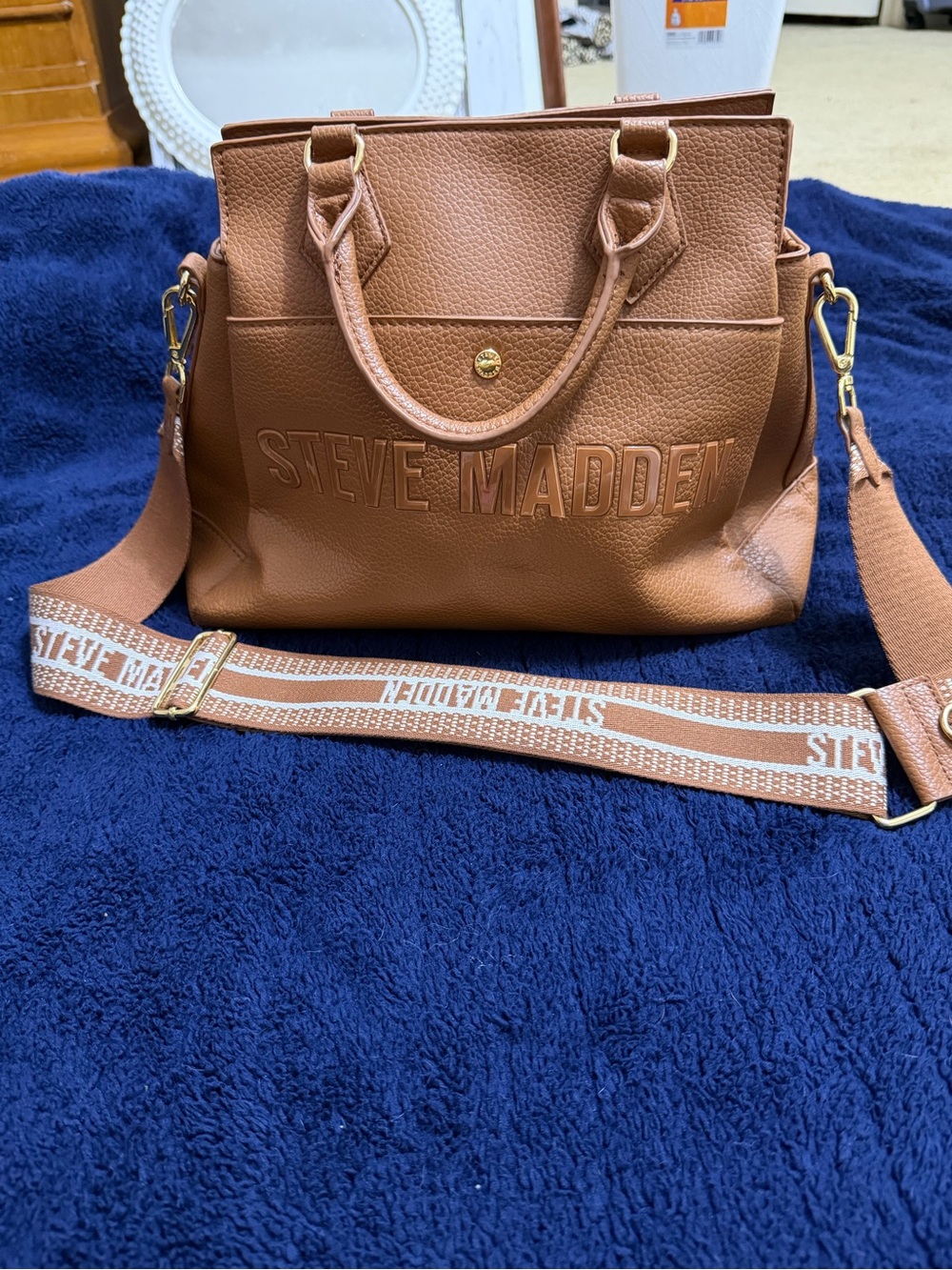 Steve Madden Cognac Pebbled Leather Satchel with Branded Strap